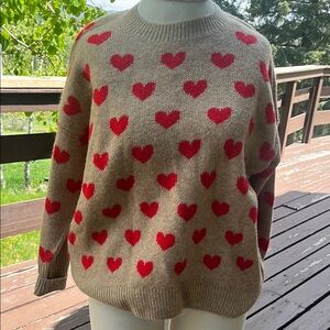 Vince Camuto Red and Tan Heart Crew Neck Sweater